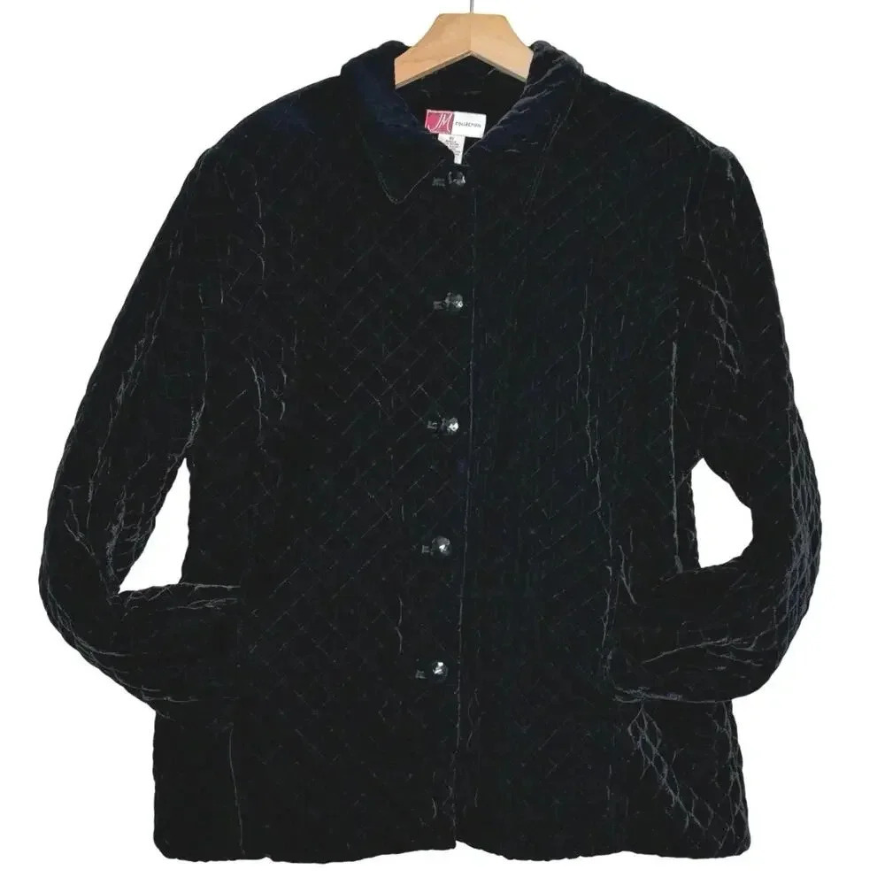 JM Collection Quilted Jacket 18 Black Velvet Button Front Collared Long Sleeve